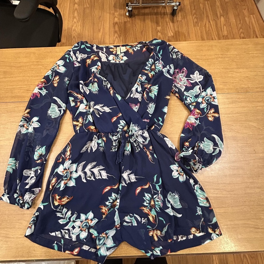 Japna Romper Womens Large Blue Floral Long Sleeve V Neck Tassel Waist Chiffon